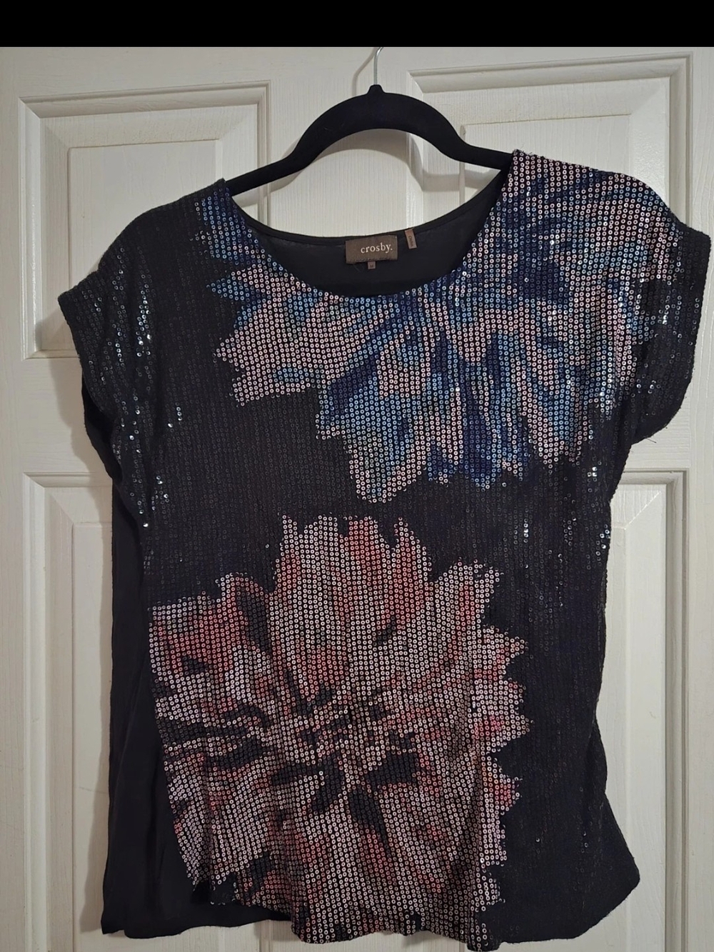 crosby. Black Short Sleeve Sequin Top with Pink & Blue Floral Accents